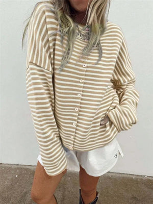 Striped Knit Button Up Cardigan in Khaki, editorial view