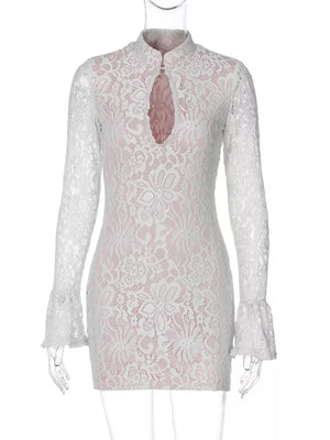 White lace cutout mini dress with flared sleeves and mock neck