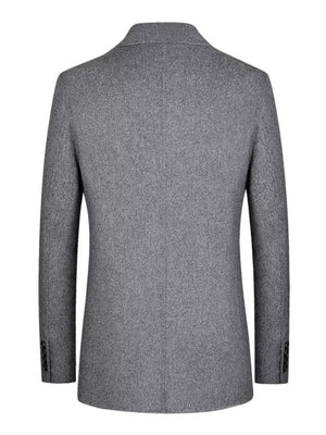 Grey wool classic fit men's blazer with button detail on sleeve cuff.
