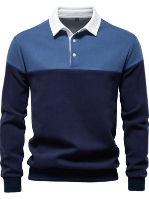 Colorblock rugby shirt with contrast white collar and two button placket.