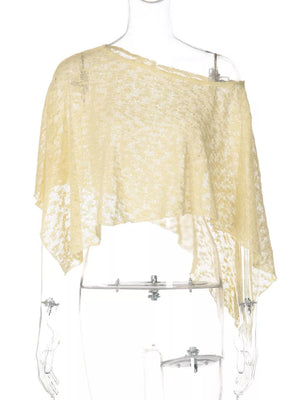 Sheer yellow one-shoulder cropped cardigan with a loose knit and asymmetric hem.