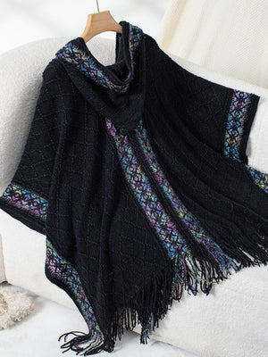 Black knit hooded wrap with embroidered trim and fringe detail