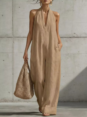 Full Size Halter Neck Wide-leg Jumpsuit Plus Size, fit detail