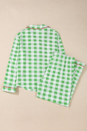 Light green gingham pajama set with red trim, collared long sleeve top and pants