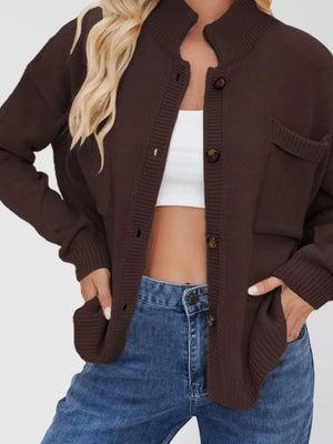 Brown knit cardigan with button front, pockets, and ribbed collar.
