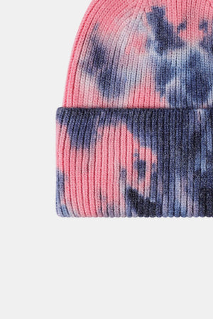 Ribbed knit beanie in pink and navy tie-dye pattern