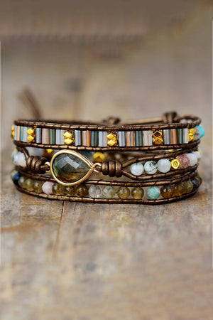 Bohemian wrap bracelet in mocha with gemstone focal and beaded detail