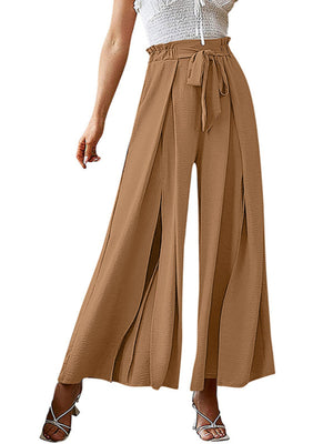 Caramel paperbag waist palazzo pants with side slits and a tie belt.