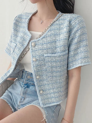 Pearl Button Short Sleeve Tweed Jacket, front view