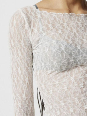 White floral lace blouse with scalloped neckline and long sleeves