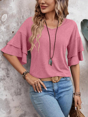 Tiered sleeve jersey tee in dusty pink with a v-neck and short sleeves.
