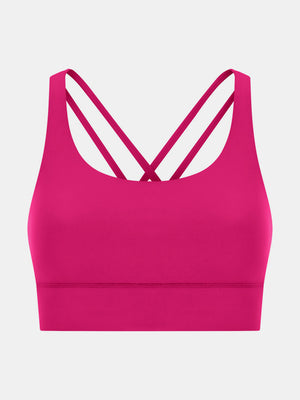 Hot pink performance bra with crisscross back straps and a wide band.