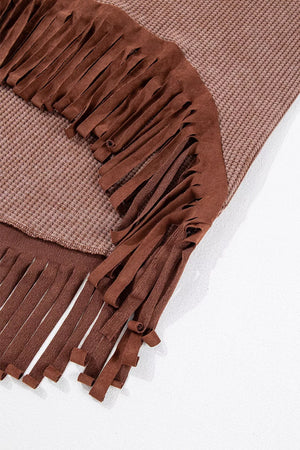 Waffle Knit Fringed High Low Loose Top in Brown, fit detail