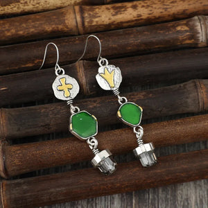 Silver geometric drop earrings with green stones and faceted crystal accents
