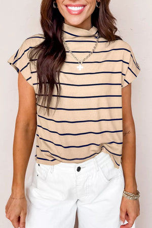 Striped mock neck t-shirt in beige with navy stripes, short sleeves, and a casual fit.