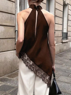 Polka Dot Lace Trim Asymmetrical Hem Sleeveless Blouse in Brown, fabric detail