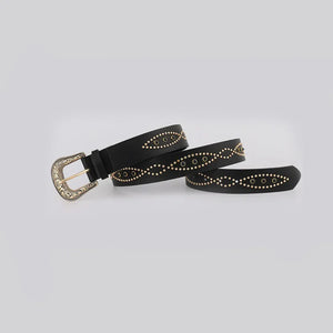 Black faux leather western belt with gold studs and antique buckle