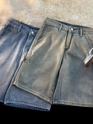 Men's high-waisted wide-leg denim shorts in blue tones with a relaxed fit.