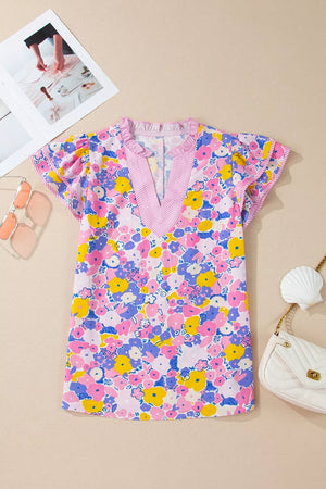 Floral Print Striped Color Block V Neck Blouse, close-up detail