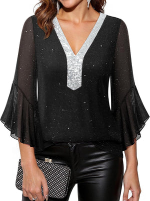 Black sequin V-neck blouse with sheer bell sleeves and scattered glitter detail.