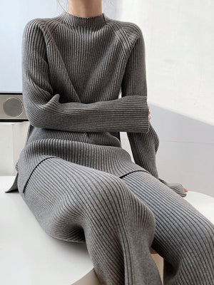 Dark Gray ribbed knit co-ord set with mock neck and asymmetric detail
