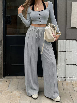 Drawstring Wide-leg Sweatpants in Light Gray, model styling view