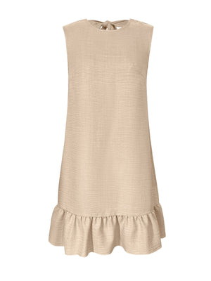 Beige ruffled hem backless mini dress with tie neck detail
