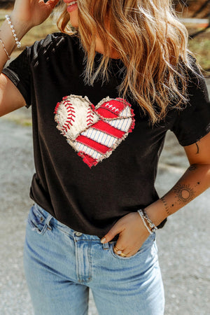 Black distressed cotton t-shirt with a baseball and striped heart graphic.