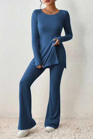 Royal blue ribbed knit co-ord set with side slit tunic and flared pants