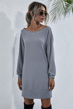 Light gray waffle knit off-shoulder mini dress with long sleeves