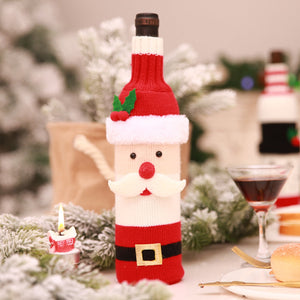 Festive knit wine bottle holder in red and white Santa Claus cosplay style with black belt detail.