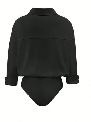 Black collared long sleeve bodysuit with button cuffs