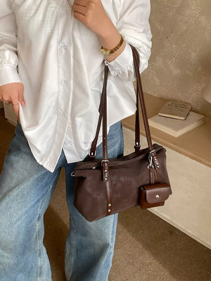 Leather Shoulder Bag With Detachable Pouch in Brown, side view