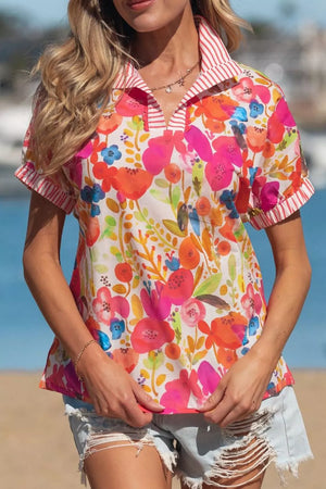 Cotton collared blouse with vibrant floral print and striped trim