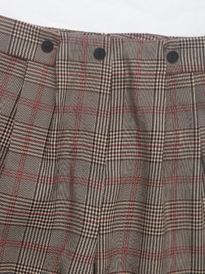 High-waisted plaid trousers in taupe with red and black checks and pleat detail.