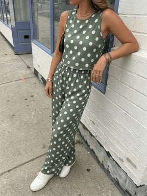 Green polka dot crop top and wide-leg pants set with elastic waist