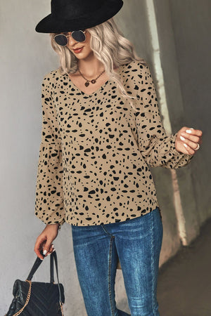 Khaki dalmatian print blouse with balloon sleeves and v-neck
