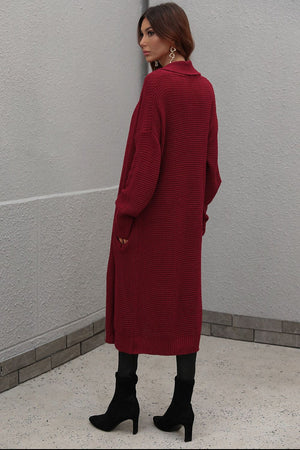 Textured knit maxi cardigan in wine with pockets and a shawl collar.