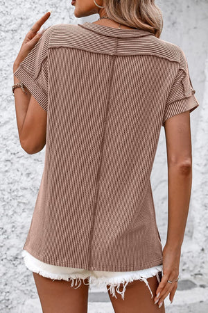 Camel vertical ribbed tunic tee with split hem and short sleeves.
