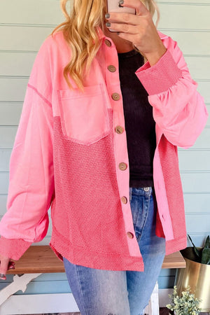 Blush pink waffle knit panel shacket with chest pocket and button front.