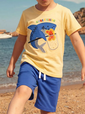 Children's Shark Embroidered Round Neck Tee And Shorts Set, front view