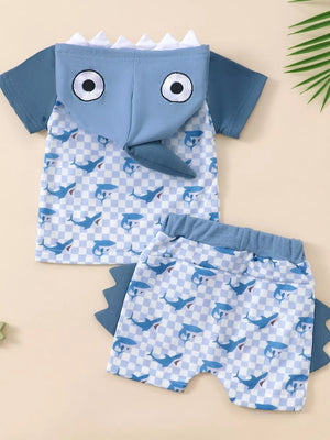Baby blue shark-themed hooded outfit with checkered shorts.