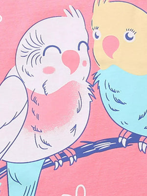 Baby cotton t-shirt with charming bird print, pink and blue birds on a branch.