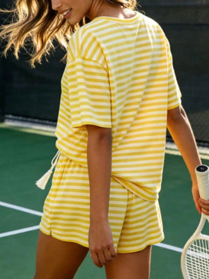 Yellow striped tee and drawstring shorts with tassel detail, women's loungewear set.