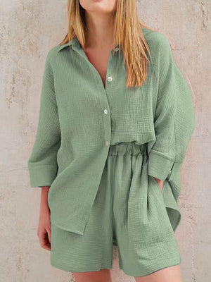 Light green gauze cotton resort shirt and shorts set with button front and elastic waist shorts.