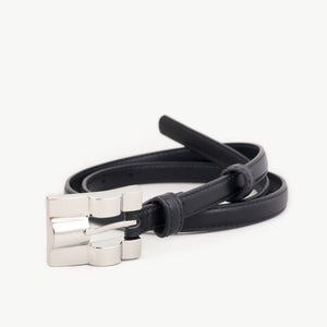 Slim black cowhide leather belt with a silver buckle