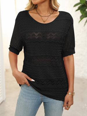 Black knit sweater with half sleeves and openwork patterns.