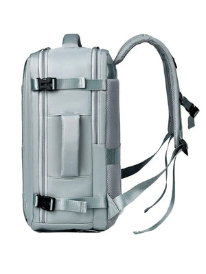 Structured grey backpack with adjustable straps and buckle details.