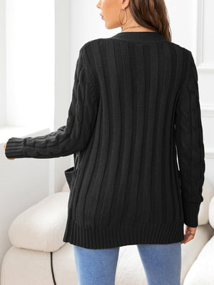 Black textured cable-knit pocket cardigan with ribbed details and cable sleeves.