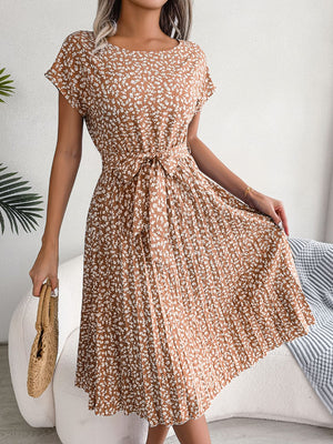Camel floral print midi dress with tie waist and pleated skirt